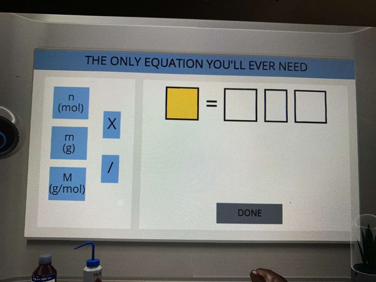 THE ONLY EQUATION YOU'LL EVER NEED
n
=
1
(mol)
X
(g)
M
(g/mol)
DONE