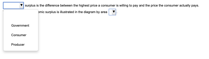 surplus is the difference between the highest price a consumer is willing to pay and the price the consumer actually pays.
omic surplus is illustrated in the diagram by area
Government
Consumer
Producer