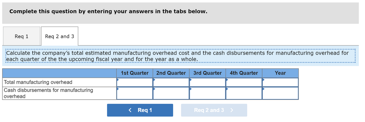 Complete this question by entering your answers in the tabs below.
Req 1
Req 2 and 3
Calculate the company's total estimated manufacturing overhead cost and the cash disbursements for manufacturing overhead for
each quarter of the the upcoming fiscal year and for the year as a whole.
1st Quarter
2nd Quarter
3rd Quarter
4th Quarter
Year
Total manufacturing overhead
Cash disbursements for manufacturing
overhead
< Req 1
Req 2 and 3
