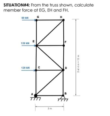 SITUATION#4: From the truss shown, calculate
member force at EG, EH and FH.
60 KN
G
H
120 kN
120 KN
A
B
TIT
3m
3 at 4 m= 12 m
