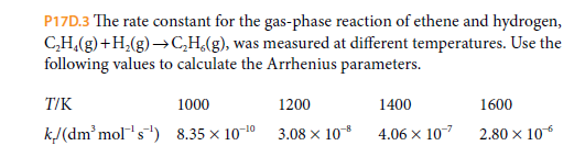 P17D.3 The rate constant for the gas-phase reaction of ethene and hydrogen,
C,H,(g)+H,(g)→C,H,(g), was measured at different temperatures. Use the
following values to calculate the Arrhenius parameters.
T/K
1000
1200
1400
1600
k/(dm' mol's) 8.35 x 10-10
3.08 x 10
4.06 x 107
2.80 x 106

