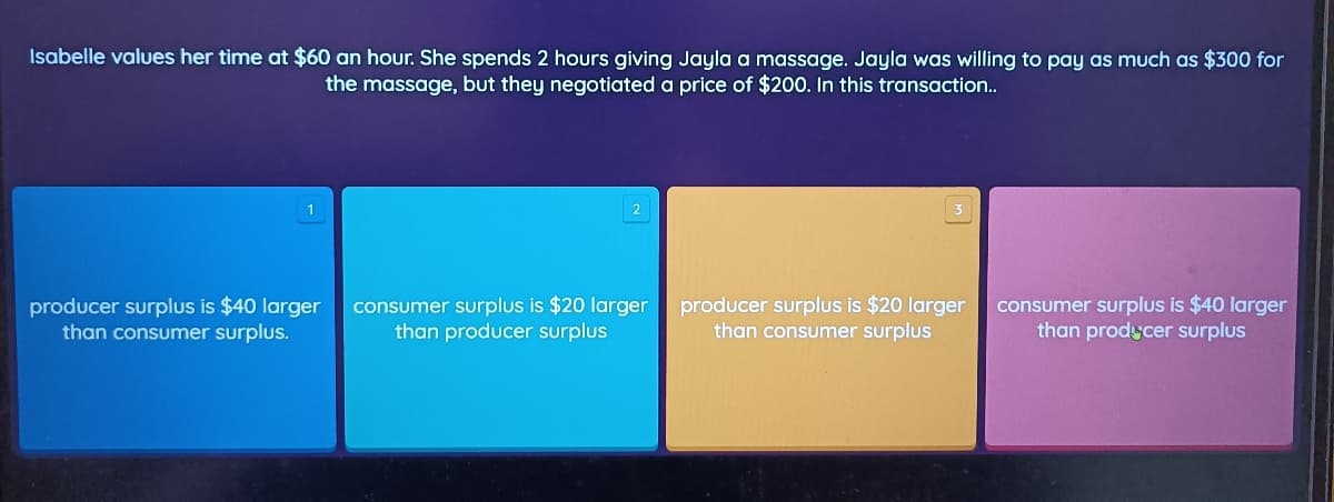 Isabelle values her time at $60 an hour. She spends 2 hours giving Jayla a massage. Jayla was willing to pay as much as $300 for
the massage, but they negotiated a price of $200. In this transaction..
1
producer surplus is $40 larger
than consumer surplus.
consumer surplus is $20 larger
than producer surplus
producer surplus is $20 larger
than consumer surplus
consumer surplus is $40 larger
than producer surplus