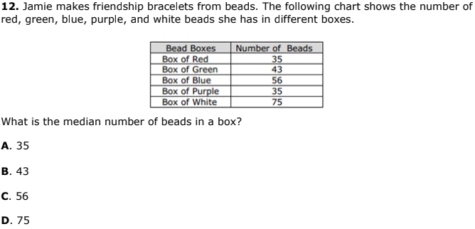 12. Jamie makes friendship bracelets from beads. The following chart shows the number of
red, green, blue, purple, and white beads she has in different boxes.
Number of Beads
Bead Boxes
Box of Red
Box of Green
Box of Blue
Box of Purple
35
43
56
35
Box of White
75
What is the median number of beads in a box?
А. 35
В. 43
С. 56
D. 75
