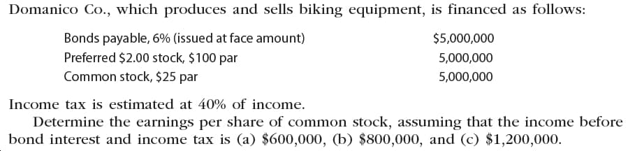Domanico Co., which produces and sells biking equipment, is financed as follows:
Bonds payable, 6% (issued at face amount)
Preferred $2.00 stock, $100 par
Common stock, $25 par
$5,000,000
5,000,000
5,000,000
Income tax is estimated at 40% of income.
Determine the earnings per share of common stock, assuming that the income before
bond interest and income tax is (a) $600,000, (b) $800,000, and (c) $1,200,000.
