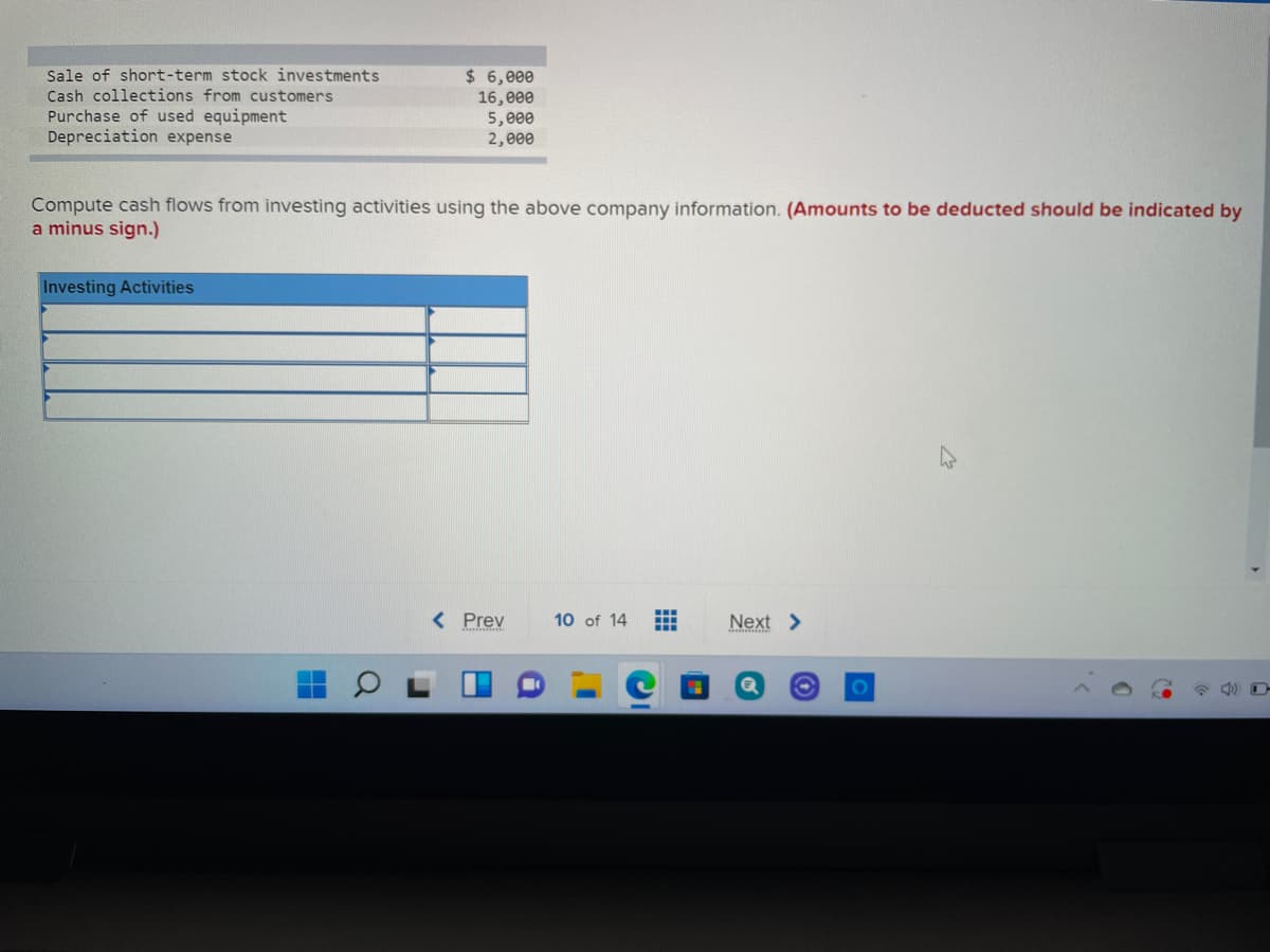 Sale of short-term stock investments
Cash collections from customers
Purchase of used equipment
Depreciation expense
$ 6,000
16,e00
5,000
2,000
Compute cash flows from investing activities using the above company information. (Amounts to be deducted should be indicated by
a minus sign.)
Investing Activities
< Prev
10 of 14
Next >
