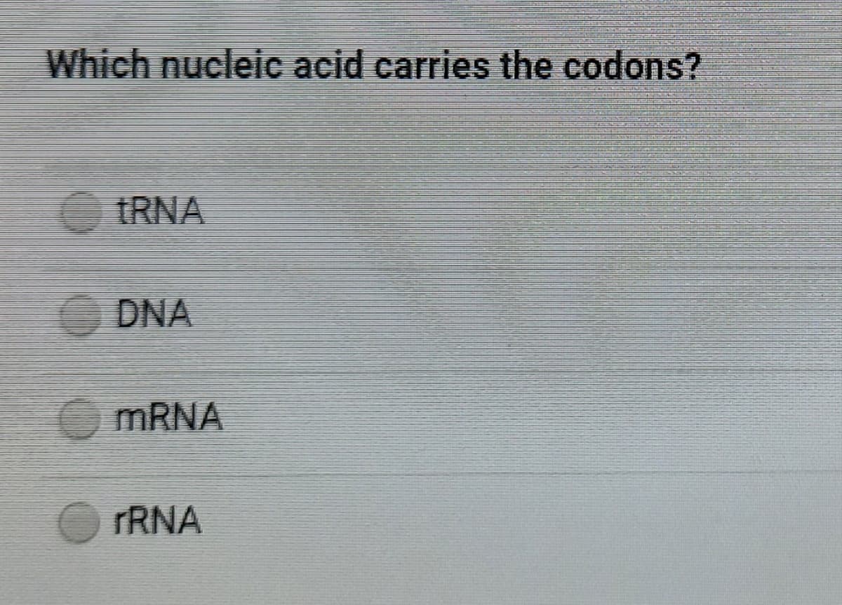 Which nucleic acid carries the codons?
TRNA
DNA
OMRNA
TRNA
