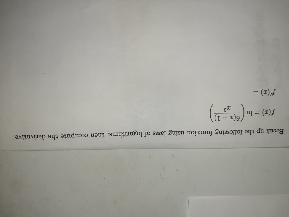 Break up the following function using laws of logarithms, then compute the derivative.
f (x) = In
(++),
