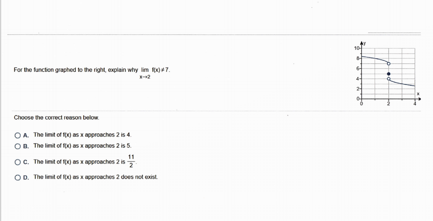 For the function graphed to the right, explain why lim f(x)#7.
X→2
Choose the correct reason below.
O A. The limit of f(x) as x approaches 2 is 4.
O B. The limit of f(x) as x approaches 2 is 5.
11
OC. The limit of f(x) as x approaches 2 is
2
O D. The limit of f(x) as x approaches 2 does not exist.
