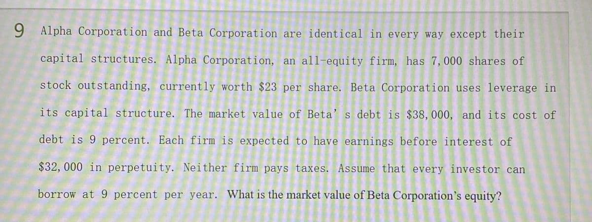 9 Alpha Corporation and Beta Corporation are identical in every way except their
capital structures. Alpha Corporation, an all-equity firm, has 7, 000 shares of
stock outstanding, currently worth $23 per share. Beta Corporation uses leverage in
its capital structure. The market value of Beta's debt is $38, 000, and its cost of
debt is 9 percent. Each firm is expected to have earnings before interest of
$32,000 in perpetuity. Neither firm pays taxes. Assume that every investor can
borrow at 9 percent per year. What is the market value of Beta Corporation's equity?