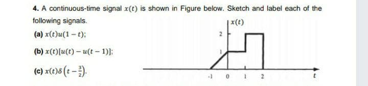 4. A continuous-time signal x(t) is shown in Figure below. Sketch and label each of the
following signals.
|x(t)
(a) x(t)u(1 - t);
2
(b) x(t)[u(t) – u(t – 1)]:
(0) x(t)6 (t - }).
10 I 2
