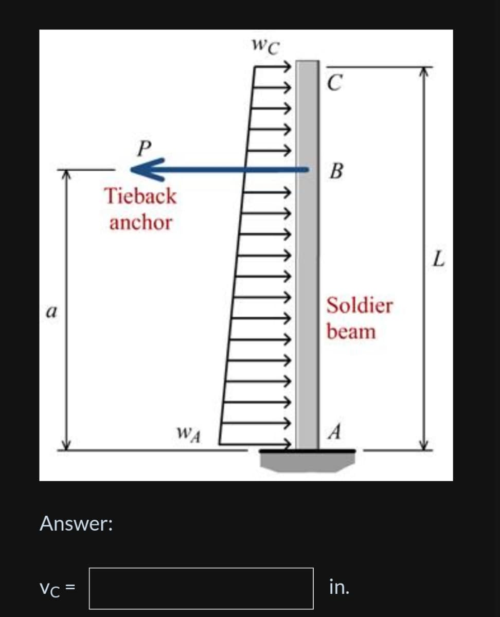 a
Tieback
anchor
Answer:
Vc=
WA
WC
C
B
Soldier
beam
in.
L