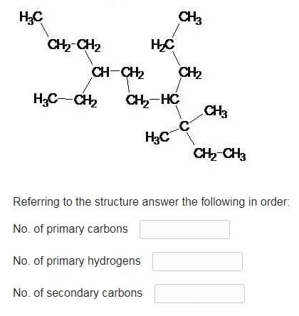 CH3
CH2 CH2
CH-CH2
CH2
H;C-CH2
CH, HC
CH3
H3C
CH CH3
Referring to the structure answer the following in order:
No. of primary carbons
No. of primary hydrogens
No. of secondary carbons
