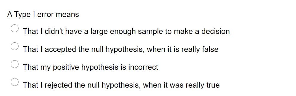 A Type l error means
That I didn't have a large enough sample to make a decision
That I accepted the null hypothesis, when it is really false
That my positive hypothesis is incorrect
That I rejected the null hypothesis, when it was really true
