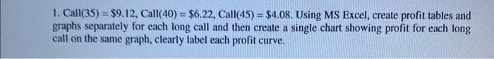 1. Call(35) = $9.12, Call(40) = $6.22, Call(45)= $4.08. Using MS Excel, create profit tables and
graphs separately for each long call and then create a single chart showing profit for each long
call on the same graph, clearly label each profit curve.