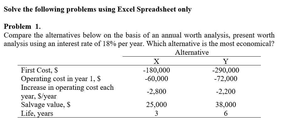 Solve the following problems using Excel Spreadsheet only
Problem 1.
Compare the alternatives below on the basis of an annual worth analysis, present worth
analysis using an interest rate of 18% per year. Which alternative is the most economical?
Alternative
Y
-290,000
-72,000
X
First Cost, $
Operating cost in year 1, $
Increase in operating cost each
year, $/year
Salvage value, $
Life, years
-180,000
-60,000
-2,800
-2,200
25,000
38,000
3
