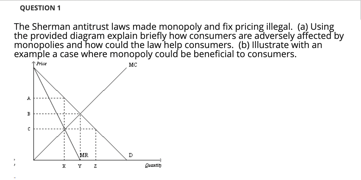 QUESTION 1
The Sherman antitrust laws made monopoly and fix pricing illegal. (a) Using
the provided diagram explain briefly how consumers are adversely affected by
monopolies and how could the law help consumers. (b) Ilustrate with an
example a case where monopoly could be beneficial to consumers.
↑Price
MC
A
B
MR
Quantity
