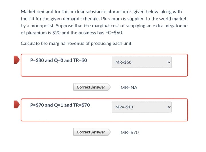 Market demand for the nuclear substance pluranium is given below, along with
the TR for the given demand schedule. Pluranium is supplied to the world market
by a monopolist. Suppose that the marginal cost of supplying an extra megatonne
of pluranium is $20 and the business has FC=$60.
Calculate the marginal revenue of producing each unit
P=$80 and Q=0 and TR=$0
MR=$50
Correct Answer
MR=NA
P=$70 and Q=1 and TR=$70
MR=-$10
Correct Answer
MR=$70

