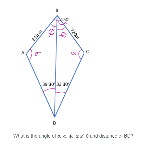 9
810 m
6
B
150
720m
39 30 33 30
D
What is the angle of o, a, o, and 0 and distance of BD?