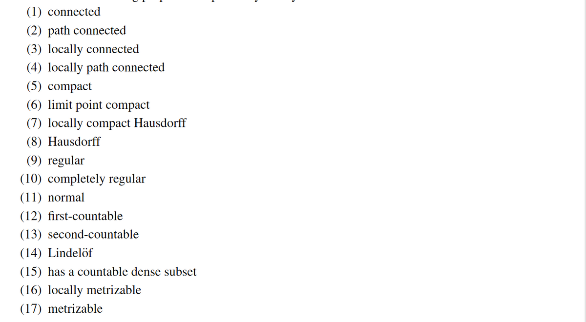 (1) connected
(2) path connected
(3) locally connected
(4) locally path connected
(5) compact
(6) limit point compact
(7) locally compact Hausdorff
(8) Hausdorff
(9) regular
(10) completely regular
(11) normal
(12) first-countable
(13) second-countable
(14) Lindelöf
(15) has a countable dense subset
(16) locally metrizable
(17) metrizable