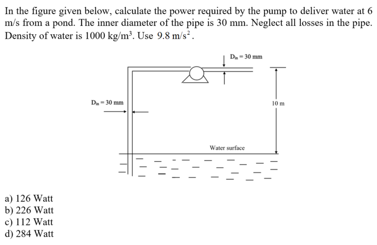 In the figure given below, calculate the power required by the pump to deliver water at 6
m/s from a pond. The inner diameter of the pipe is 30 mm. Neglect all losses in the pipe.
Density of water is 1000 kg/m³. Use 9.8 m/s².
D = 30 mm
Din = 30 mm
10 m
Water surface
a) 126 Watt
b) 226 Watt
c) 112 Watt
d) 284 Watt

