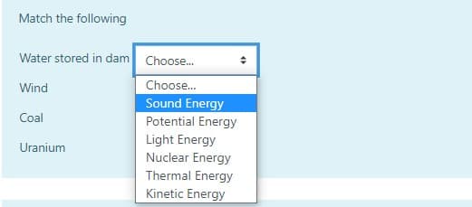Match the following
Water stored in dam Choose.
Wind
Choose.
Sound Energy
Potential Energy
Light Energy
Coal
Uranium
Nuclear Energy
Thermal Energy
Kinetic Energy
