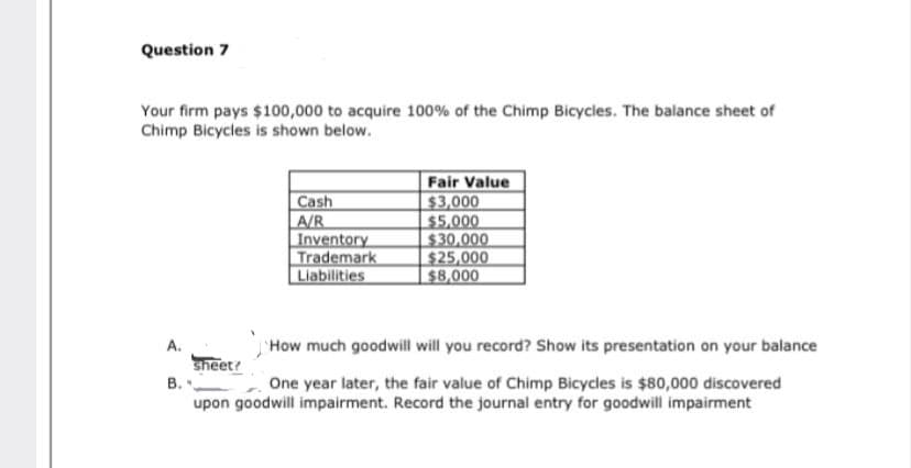 Question 7
Your firm pays $100,000 to acquire 100% of the Chimp Bicycles. The balance sheet of
Chimp Bicycles is shown below.
Cash
A/R
Inventory
Trademark
Liabilities
Fair Value
$3,000
$5,000
$30,000
$25,000
$8,000
A.
How much goodwill will you record? Show its presentation on your balance
sheet?
B.
One year later, the fair value of Chimp Bicycles is $80,000 discovered
upon goodwill impairment. Record the journal entry for goodwill impairment
