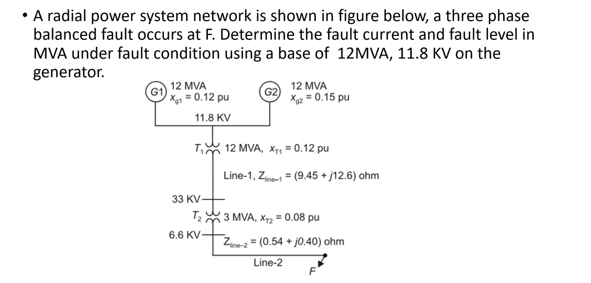 • A radial power system network is shown in figure below, a three phase
balanced fault occurs at F. Determine the fault current and fault level in
MVA under fault condition using a base of 12MVA, 11.8 KV on the
generator.
12 MVA
G1
Xg1 = 0.12 pu
12 MVA
G2)
X92 = 0.15 pu
11.8 KV
T,
12 MVA, X71 = 0.12 pu
Line-1, Zne-1 = (9.45 + j12.6) ohm
33 KV-
3 MVA, x72 = 0.08 pu
6.6 KV
Zine-2 = (0.54 + j0.40) ohm
%3D
Line-2
F
