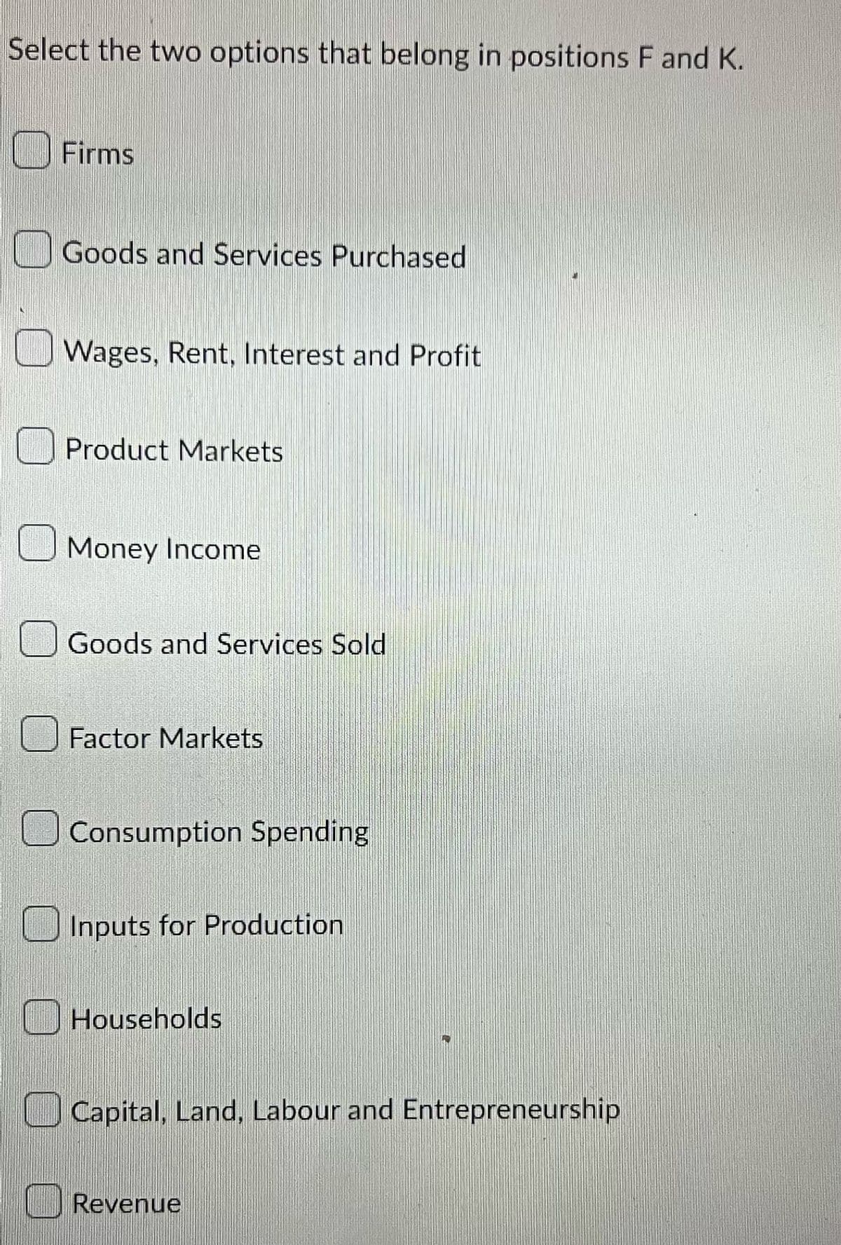 Select the two options that belong in positions F and K.
Firms
Goods and Services Purchased
U
Wages, Rent, Interest and Profit
Product Markets
Money Income
Goods and Services Sold
Factor Markets
Consumption Spending
Inputs for Production
Households
Capital, Land, Labour and Entrepreneurship
Revenue