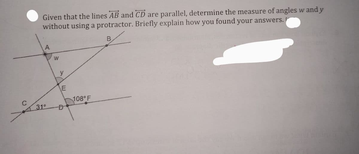 Given that the lines AB and CD are parallel, determine the measure of angles w and y
without using a protractor. Briefly explain how you found your answers.
A.
y
108 F
31°
