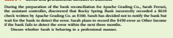 During the preparation of the bank reconciliation for Apache Grading Co., Sarah Ferrari,
the assistant controller, discovered that Rocky Spring Bank incorrectly recorded a $610
check written by Apache Grading Co. as $160. Sarah has decided not to notify the bank but
wait for the bank to detect the error. Sarah plans to record the $450 error as Other Income
if the bank fails to detect the error within the next three months.
Discuss whether Sarah is behaving in a peofessional manner.
