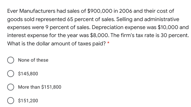 Ever Manufacturers had sales of $900,000 in 2006 and their cost of
goods sold represented 65 percent of sales. Selling and administrative
expenses were 9 percent of sales. Depreciation expense was $10,000 and
interest expense for the year was $8,000. The firm's tax rate is 30 percent.
What is the dollar amount of taxes paid? *
None of these
O $145,800
More than $151,800
$151,200
