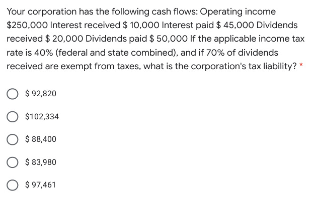 Your corporation has the following cash flows: Operating income
$250,000 Interest received $ 10,00o0 Interest paid $ 45,000 Dividends
received $ 20,000 Dividends paid $ 50,000 If the applicable income tax
rate is 40% (federal and state combined), and if 70% of dividends
received are exempt from taxes, what is the corporation's tax liability?
$ 92,820
$102,334
$ 88,400
$ 83,980
O $ 97,461
