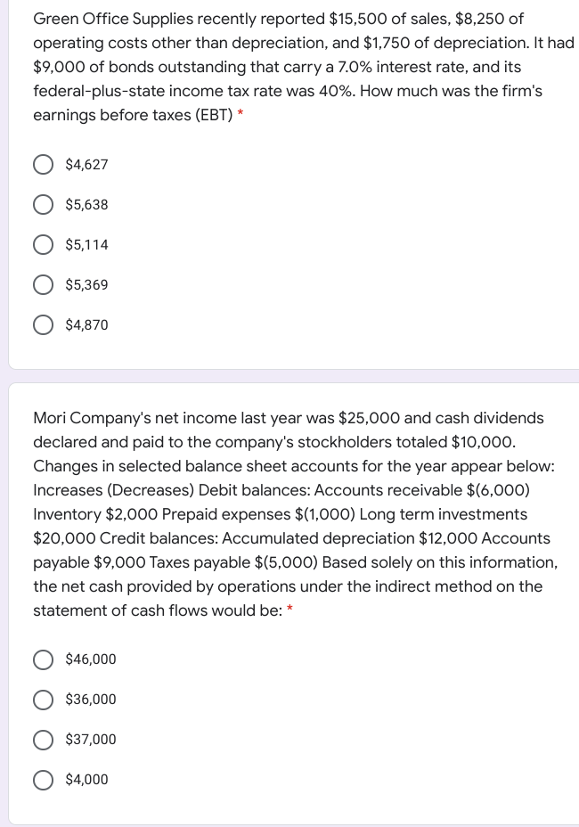 Green Office Supplies recently reported $15,500 of sales, $8,250 of
operating costs other than depreciation, and $1,750 of depreciation. It had
$9,000 of bonds outstanding that carry a 7.0% interest rate, and its
federal-plus-state income tax rate was 40%. How much was the firm's
earnings before taxes (EBT) *
$4,627
$5,638
$5,114
$5,369
$4,870
Mori Company's net income last year was $25,000 and cash dividends
declared and paid to the company's stockholders totaled $10,000.
Changes in selected balance sheet accounts for the year appear below:
Increases (Decreases) Debit balances: Accounts receivable $(6,000)
Inventory $2,000 Prepaid expenses $(1,000) Long term investments
$20,000 Credit balances: Accumulated depreciation $12,000 Accounts
payable $9,000 Taxes payable $(5,000) Based solely on this information,
the net cash provided by operations under the indirect method on the
statement of cash flows would be: *
$46,000
$36,000
$37,000
$4,000
