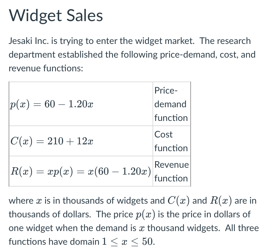 Widget Sales
Jesaki Inc. is trying to enter the widget market. The research
department established the following price-demand, cost, and
revenue functions:
Price-
p(x) = 60 - 1.20x
demand
function
Cost
|C(x) = 210 + 12x
function
Revenue
R(x) = xp(x) = x(60 - 1.20x)
function
where x is in thousands of widgets and C(x) and R(x) are in
thousands of dollars. The price p(x) is the price in dollars of
one widget when the demand is â thousand widgets. All three
functions have domain 1 ≤ x ≤ 50.