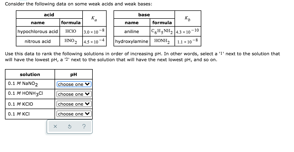 Consider the following data on some weak acids and weak bases:
acid
base
K.
name
formula
name
formula
-8
hypochlorous acid
C6H5NH2 |4.3 × 10–10
HC1O
3.0 x 10
aniline
nitrous acid
HNO2
4.5 × 10 -4
hydroxylamine HONH,
1.1 x 10
--
Use this data to rank the following solutions in order of increasing pH. In other words, select a 'l' next to the solution that
will have the lowest pH, a '2' next to the solution that will have the next lowest pH, and so on.
solution
pH
0.1 M NaNO2
choose one ♥
0.1 M HONH3CI
choose one ♥
0.1 M KCIO
choose one V
0.1 М KСI
choose one ♥
