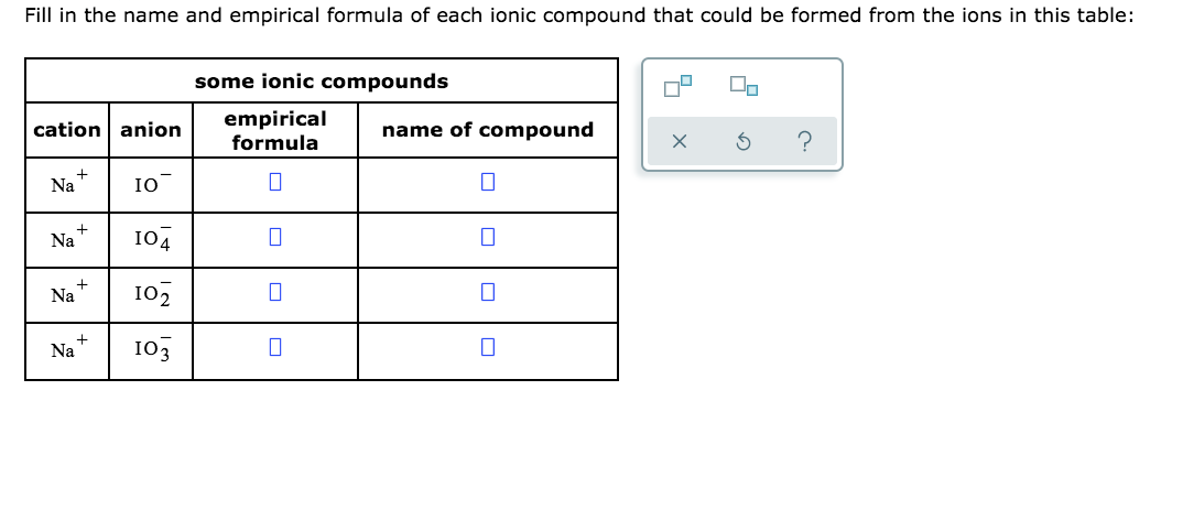 Fill in the name and empirical formula of each ionic compound that could be formed from the ions in this table:
some ionic compounds
cation anion
empirical
formula
name of compound
?
Na
10
Na
10.
10,
Na
Na
103
