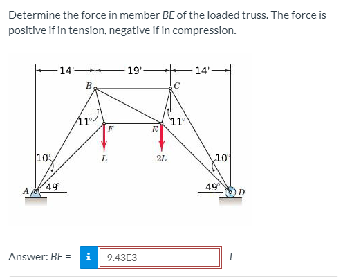 Determine the force in member BE of the loaded truss. The force is
positive if in tension, negative if in compression.
-14
19'-
14'
В
11°
E
F
10
10
2L
49
49
Answer: BE =
i
9.43E3
L
