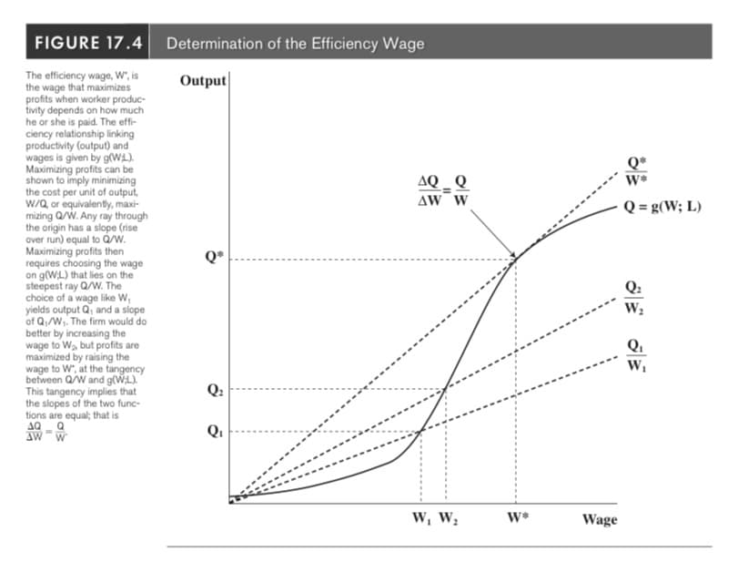 FIGURE 17.4 Determination of the Efficiency Wage
Output
The efficiency wage, W", is
the wage that maximizes
profits when worker produc-
tivity depends on how much
he or she is paid. The effi-
ciency relationship linking
productivity (output) and
wages is given by g(WL).
Maximizing profits can be
shown to imply minimizing
the cost per unit of output,
W/Q, or equivalently, maxi-
mizing Q/W. Any ray through
the origin has a slope (rise
over run) equal to Q/W.
Maximizing profits then
requires choosing the wage
on g(WL) that lies on the
steepest ray Q/W. The
choice of a wage like W₁
yields output Q, and a slope
of Q₁/W₁. The firm would do
better by increasing the
wage to W₂, but profits are
maximized by raising the
wage to W", at the tangency
between Q/W and g(WL).
This tangency implies that
the slopes of the two func-
tions are equal; that is
AQ Q
AW W
Q*
Q₂
Q₁
AQ_Q
ᎪᎳ Ꮃ
W₁ W₂
W*
Wage
Q*
W*
Q = g(W; L)
Q₁
W₁