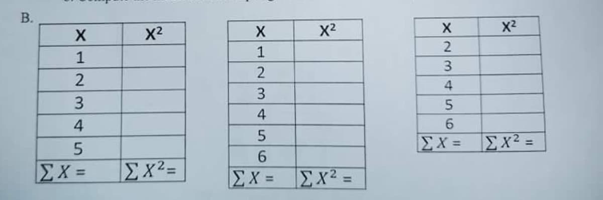 X2
X2
X2
1
1
3
4
3.
4
4
Ex² =
%3D
6.
EX =
EX =
Ex² =
B.
