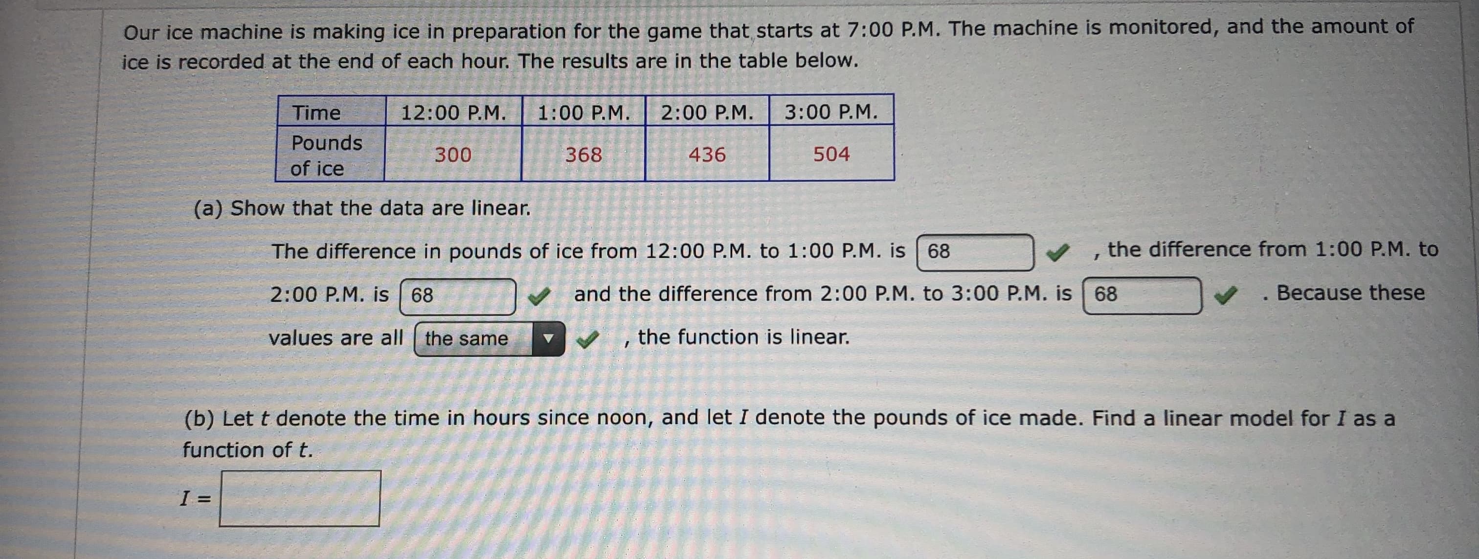 Our ice machine is making ice in preparation for the game that starts at 7:00 P.M. The machine is monitored, and the amount of
ice is recorded at the end of each hour. The results are in the table below.
3:00 P.M
1:00 P.M.
2:00 P.M.
Time
12:00 P.M.
Pounds
368
436
504
300
of ice
(a) Show that the data are linear.
the difference from 1:00 P.M. to
The difference in pounds of ice from 12:00 P.M. to 1:00 P.M. is
68
T
and the difference from 2:00 P.M. to 3:00 P.M. is 68
. Because these
2:00 P.M. is 68
the function is linear.
values are all the same
(b) Let t denote the time in hours since noon, and let I denote the pounds of ice made. Find a linear model for I as a
function of t.
I =
