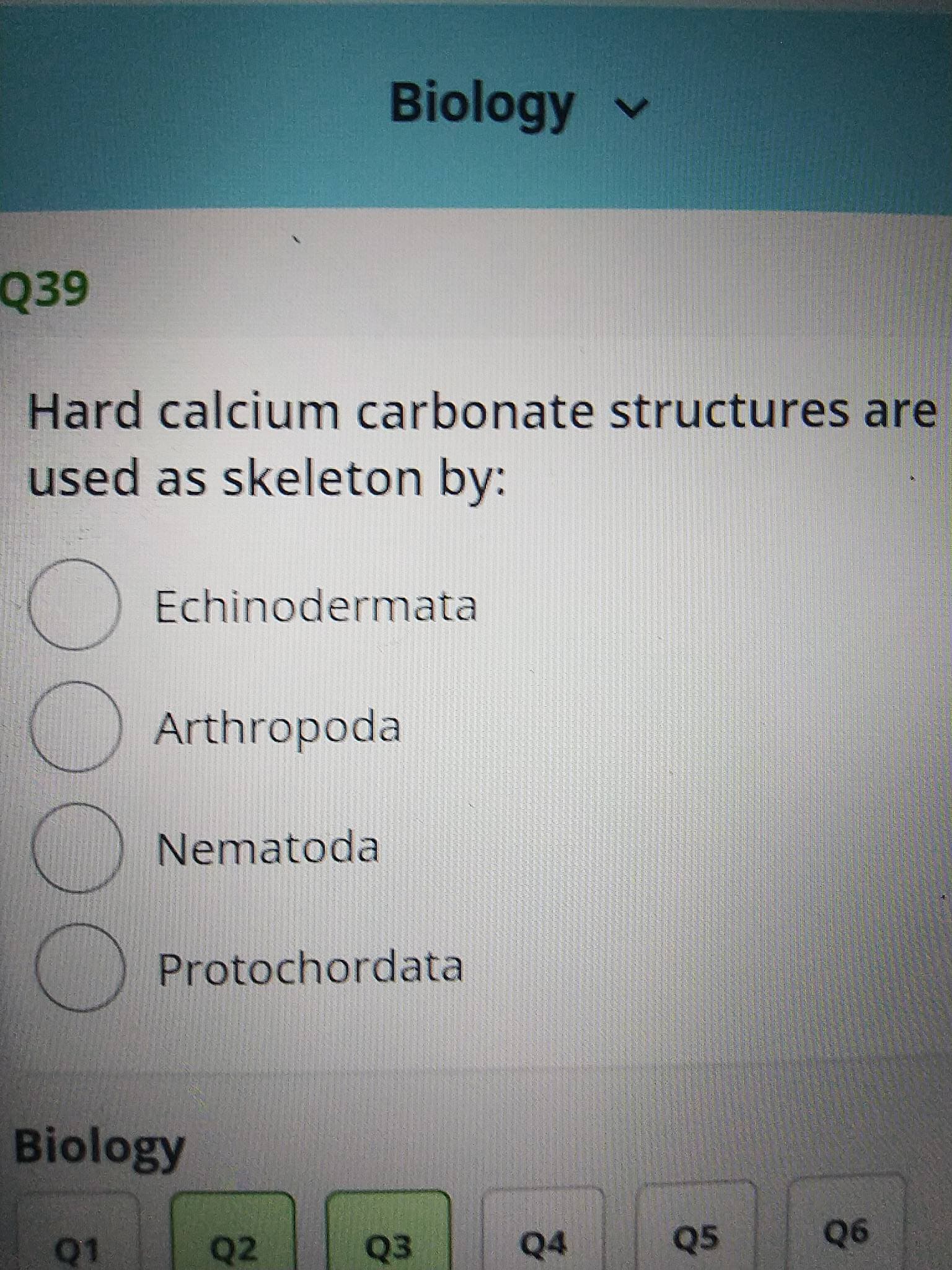 00OO
Biology v
Q39
Hard calcium carbonate structures are
used as skeleton by:
Echinodermata
Arthropoda
Nematoda
Protochordata
Biology
Q1
Q2
Q3
Q4
Q5
90
