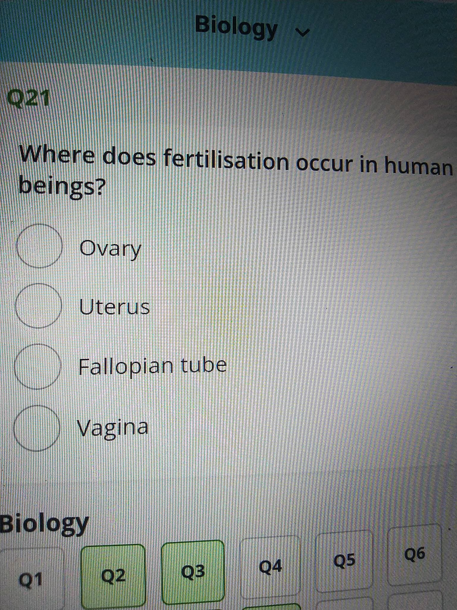 Biology
Where does fertilisation occur in human
beings?
Ovary
Uterus
Fallopian tube
Vaginal
Biology
Q4
Q5
90
Q2
