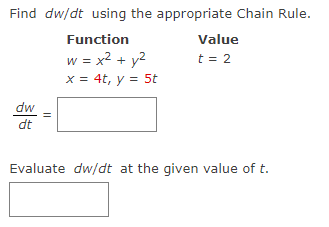 Find dw/dt using the appropriate Chain Rule.
Function
w = x² + y²
x = 4t, y = 5t
dw
dt
||
Value
t = 2
Evaluate dw/dt at the given value of t.
