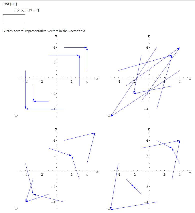 Find ||FI|.
F(x, y) = yi + xj
Sketch several representative vectors in the vector field.
O
4
y
ਵਿਚ
X
2
4
4
-2
-2
y
4
2
y
4
2
2
4
X
4
-2
y
2
J.
2
4
4
X
X