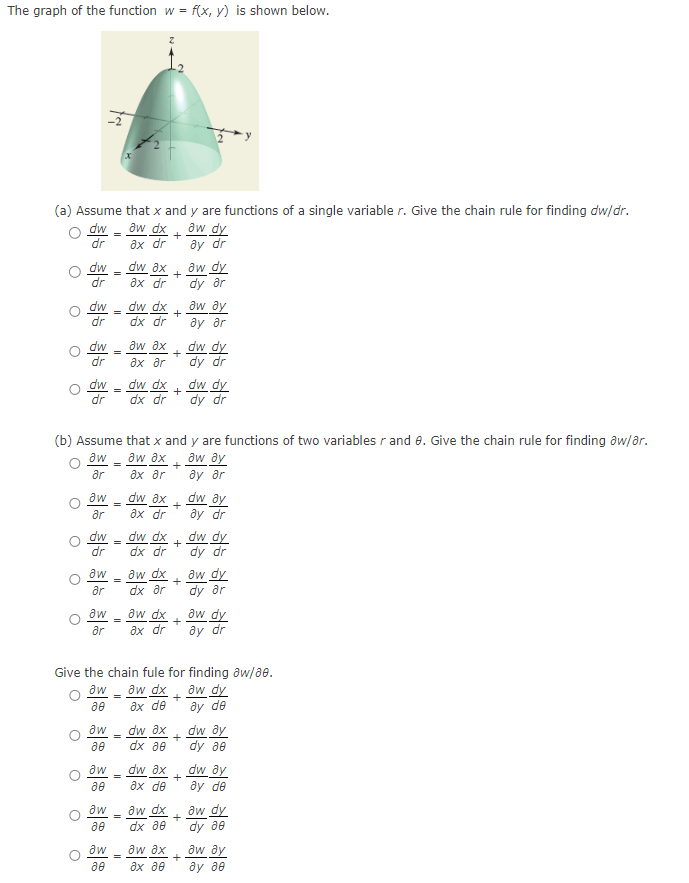 The graph of the function w = f(x, y) is shown below.
(a) Assume that x and y are functions of a single variable r. Give the chain rule for finding dw/dr.
aw dx
aw dy
ax dr
ay dr
dw
dr
dw
dw
dw
dr
dw
dr
aw
ar
dw
dr
aw
ar
aw
ar
aw
30
=
aw
80
=
aw
20
=
=
=
=
=
=
=
dw ax
ax dr
(b) Assume that x and y are functions of two variables r and 8. Give the chain rule for finding aw/ər.
aw
aw ay
aw ax
+
ax ar
ar
ay ər
=
dw dx
dx dr
=
aw ax
əx ər
dw dx
dx dr
dw dx
dx dr
aw dx
dx ar
+
dw ax +
ax dr
dw ax
dx 80
+
dw ax
ax de
+
aw dx
dx 80
+
aw ax
ax 20
+
+
Give the chain fule for finding aw/80.
aw_aw dx
=
30
ax de
aw
30
+
+
aw dx
aw dy
+
ax dr ay dr
+
aw dy
dy ar
+
aw ay
?у аг
+
dw dy
dy dr
+
dw dy
dy dr
dw ay
ay dr
dw dy
dy dr
aw dy
dy ar
aw dy
ay de
dw ay
dy ae
dw ay
ay de
aw dy
dy 80
aw ay
ay ae