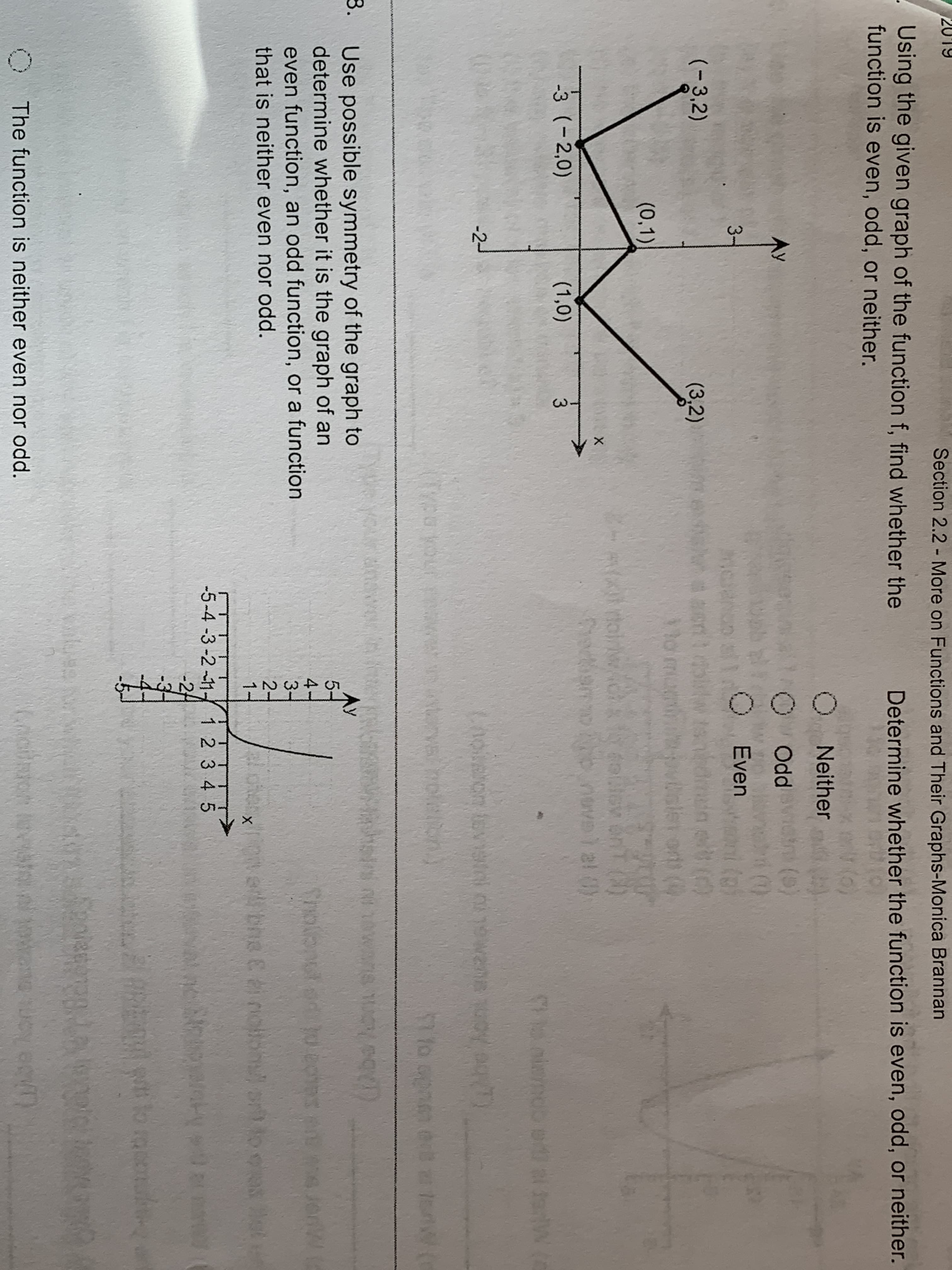 X
2019
Section 2.2 - More on Functions and Their Graphs-Monica Brannan
Using the given graph of the function f, find whether the
function is even, odd, or neither.
Determine whether the function is even, odd, or neither.
O Neither
AY
OOdd
(6)
OEven
(o
3-
(-3.2)
(3,2)
n
Vnlen
(0.1)
rtoww
Ch
430s OnT
no nevs tal 0Y
-3 (-2,0)
(1,0)
3
Saeot
8ts
-2
on tavistai n1w2ne
Tveour
fo apne es
KCe
s
eoV!P
3.
Use possible symmetry of the graph to
determine whether it is the graph of an
even function, an odd function, or a function
that is neither even nor odd.
Spole
to cc1
3-
2-
1-
ohos
e Che E shu
o Hot
-5-4-3-2-11-1 2 3 4 5
-24
N lo acotu
1 38
6200R
Q davig
The function is neither even nor odd
Se lon: bug
