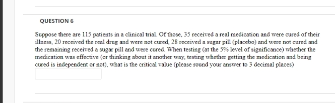 QUESTION 6
Suppose there are 115 patients in a clinical trial. Of those, 35 received a real medication and were cured of their
illness, 20 received the real drug and were not cured, 28 received a sugar pill (placebo) and were not cured and
the remaining received a sugar pill and were cured. When testing (at the 5% level of significance) whether the
medication was effective (or thinking about it another way, testing whether getting the medication and being
cured is independent or not), what is the critical value (please round your answer to 3 decimal places)
