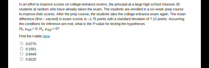 In an effort to improve scores on college-entrance exams, the principal at a large high school chooses 35
students at random who have already taken the exam. The students are enrolled in a six-week prep course
to improve their scores. After the prep course, the students take the college-entrance exam again. The mean
difference (first-second) in exam scores is -1.75 points with a standard deviation of 7.12 points. Assuming
the conditions for inference are met, what is the P-value for testing the hypotheses
Ho Hdiff=0; Ha Hdiff> 0?
Find the t-table here.
0.0775
0.1551
0.8449
0.9225