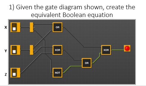 1) Given the gate diagram shown, create the
equivalent Boolean equation
X
OR
XOR
XOR
OR
NOT
Z
