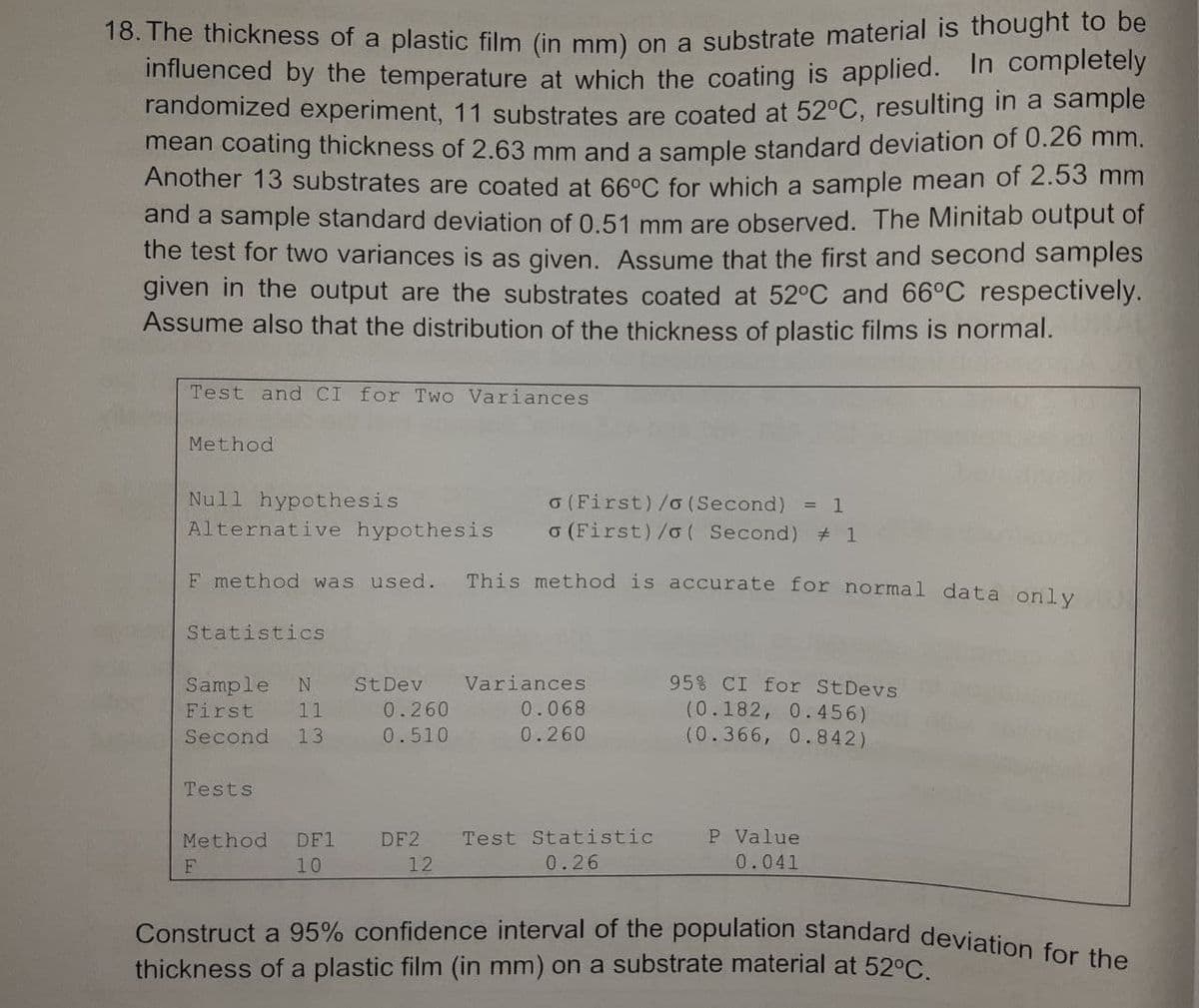 Construct a 95% confidence interval of the population standard deviation for the
18. The thickness of a plastic film (in mm) on a substrate material is thought to be
influenced by the temperature at which the coating is applied. In completely
randomized experiment, 11 substrates are coated at 52°C, resulting in a sample
mean coating thickness of 2.63 mm and a sample standard deviation of 0.26 mm.
Another 13 substrates are coated at 66°C for which a sample mean of 2.53 mm
and a sample standard deviation of 0.51 mm are observed. The Minitab output of
the test for two variances is as given. Assume that the first and second samples
given in the output are the substrates coated at 52°C and 66°C respectively.
Assume also that the distribution of the thickness of plastic films is normal.
Test and CI for Two Variances
Method
Null hypothesis
Alternative hypothesis
o (First)/o (Second) = 1
o (First)/o( Second) # 1
F method was used.
This method is accurate for normal data only
Statistics
Sample
St Dev
Variances
95% CI for StDevs
(0.182, 0.456)
(0.366, 0.842)
First
11
0.260
0.068
Second
13
0.510
0.260
Tests
Test Statistic
0.26
Method
DF1
DF2
P Value
10
12
0.041
thickness of a plastic film (in mm) on a substrate material at 52°C.
